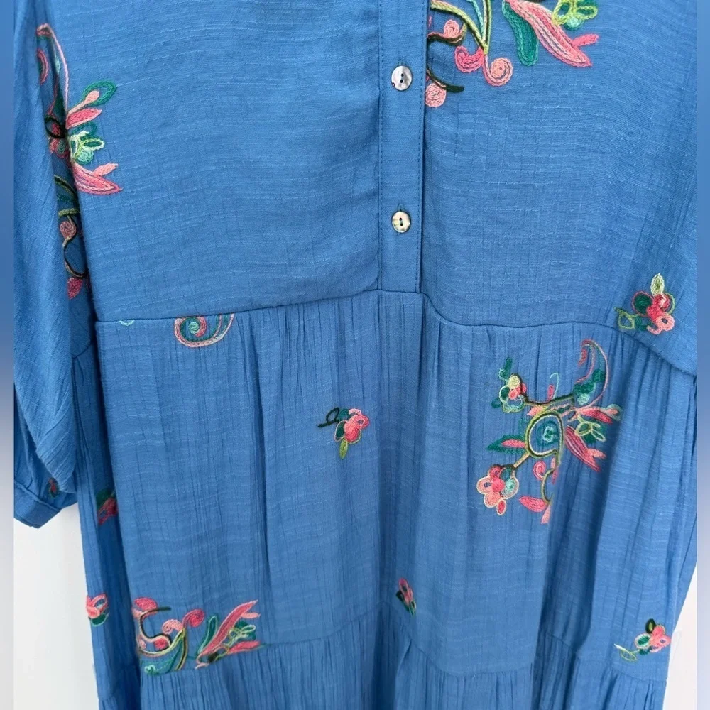 Anthropologie Fig And Flower Dress Womens XL Blue Tiered Embroidered Maxi - Picture 3 of 7